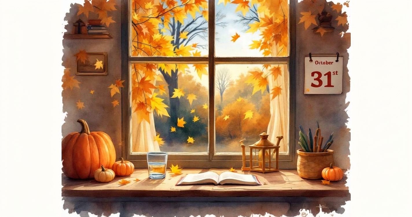 A watercolour of an autumn windowsill with pumpkins, an open book and a glass of water, beside a calendar reading October 31st