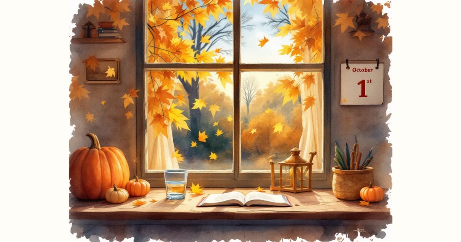 A watercolour of an autumn windowsill with pumpkins, an open book and a glass of water
