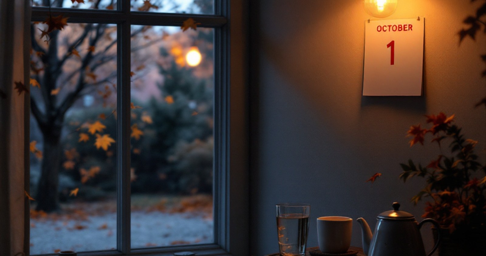 A lamp-lit autumn evening by a window, with a calendar page reading October 1, a glass of water, a mug and a teapot on the table
